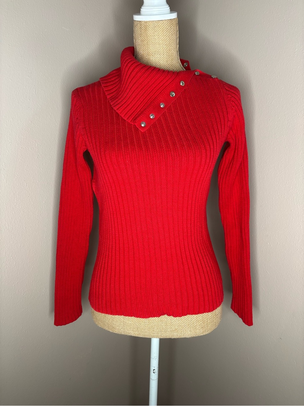 Ralph Lauren Sport Red Ribbed Button-Accent Turtleneck 100% Cotton Sweater